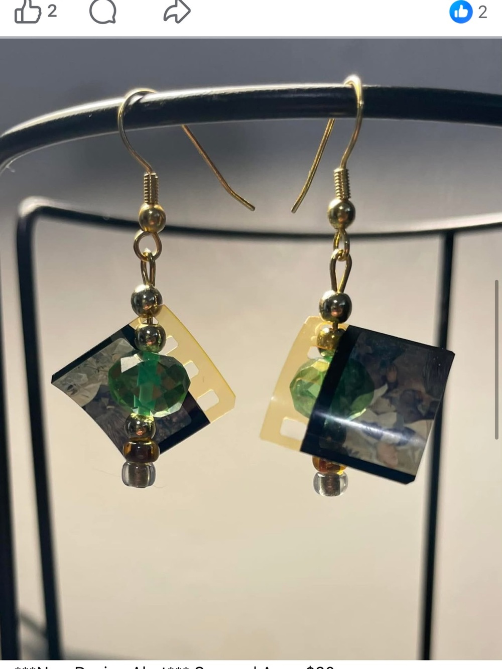 reel bijoux brand- Handmade Green Bead & Gold Film Reel Earrings